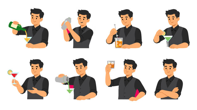 Bartender character set mixing and serving cocktails