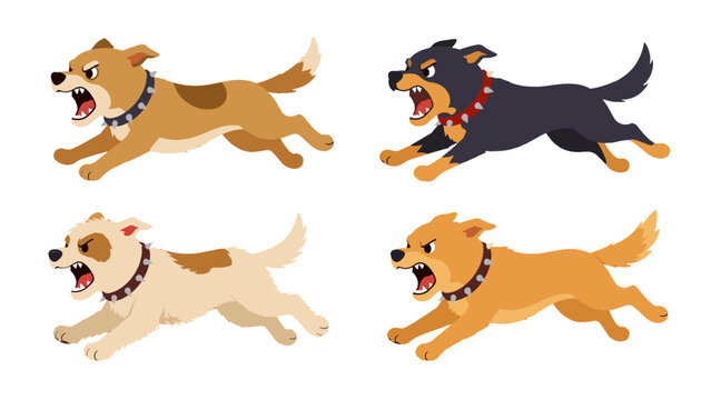 Set of angry barking dogs in running pose vector illustration