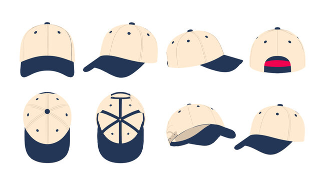 Baseball cap set shown from multiple angles in vector style