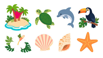 Fototapeta premium Tropical island and marine animal cartoon vector icon set