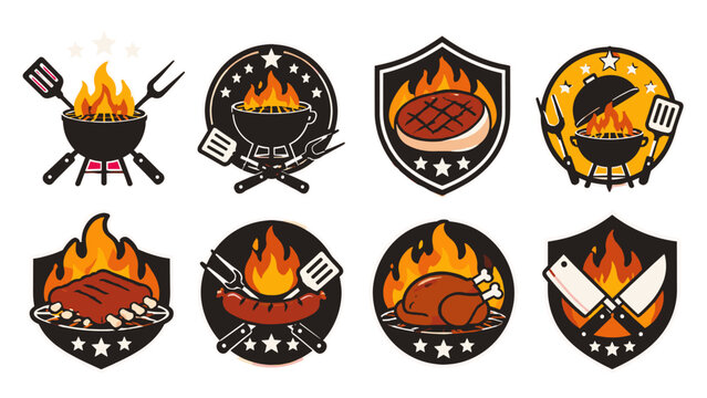 Barbecue grill badge set with flames and cooked meat icons