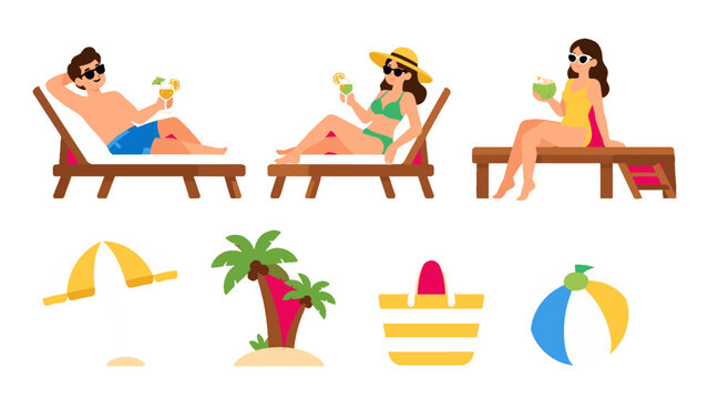 Summer beach vacation people and accessories vector set
