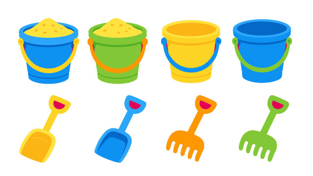 Colorful beach buckets and sand toys vector set