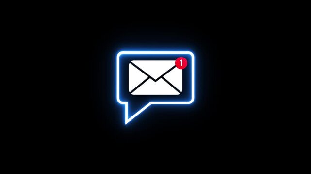 A beautiful glowing neon line message box icon with a notification icon animation on black background.Abstract message,chat,text icon animation.