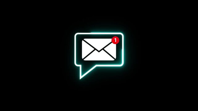 A beautiful glowing neon line message box icon with a notification icon animation on black background.Abstract message,chat,text icon animation.