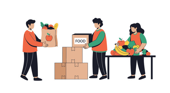 Volunteers sorting food donations for community support and charity