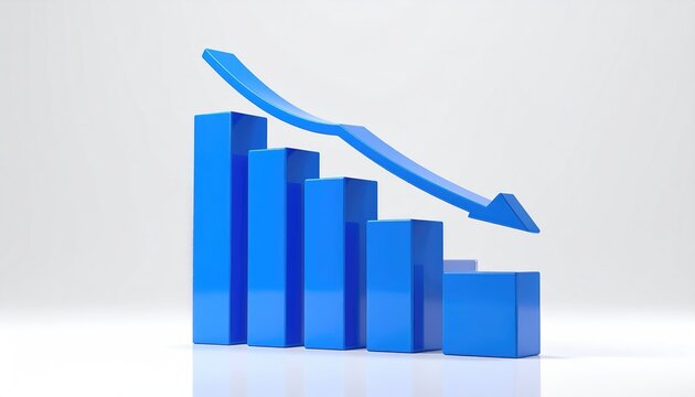 A 3D blue bar graph shows a sharp downward trend with a descending arrow