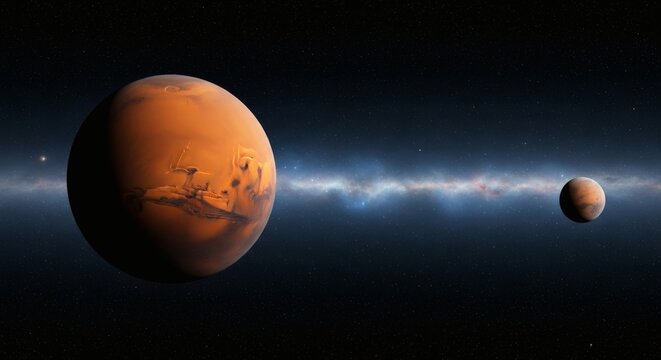 Stunning view of the red planet Mars and its moon against the Milky Way galaxy.