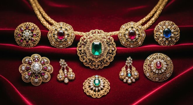 Exquisite Collection of Antique Indian Gold Jewelry Adorned with Emeralds and Rubies.