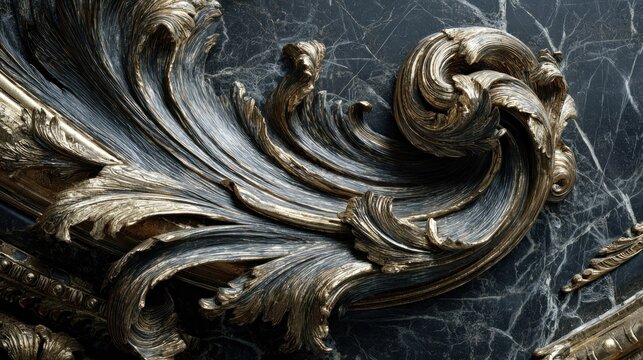 Ornate sculptural detail featuring aged metallic scrollwork against a dark veined stone surface.