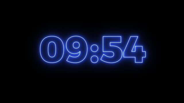 Abstract glowing neon 10 minute to 9 countdown animation. From 600 seconds to 540 seconds on a black background.Neon 10 minute to 9 countdown timer.