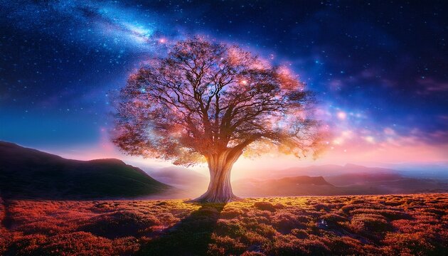 majestic tree illuminated by cosmic light in enchanted landscape