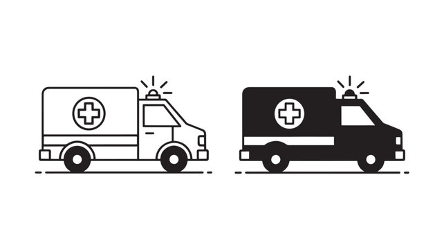Ambulance Medical Transport Icon Illustration with Cross Symbol and Emergency Lights, Vector Style on White Background