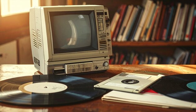 Vintage portable computer with floppy disks and vinyl records, symbolizing early technology and analog‑digital transition.