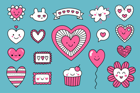 Cute Pink Heart Sticker Collection Hand Drawn Doodle Kawaii Love Icons and Valentine Elements Flat Cartoon Illustration Set