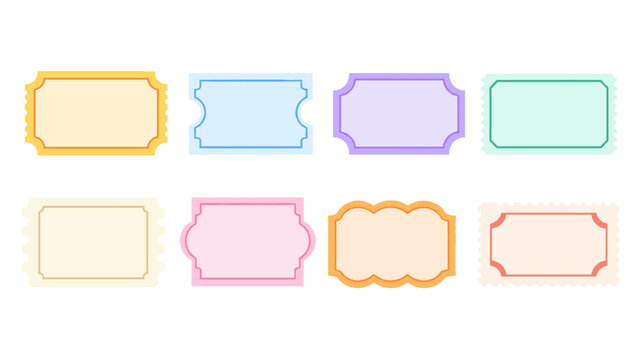 Set of pastel decorative ticket and label frames on white