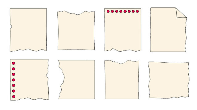Set of torn paper note sheet templates in simple vector style
