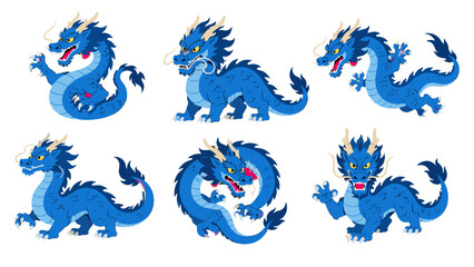 Naklejka premium Set of blue dragon characters in different cartoon poses