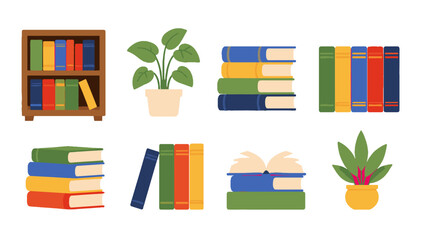 Set of colorful bookshelves books and potted plants vector icons © Alan