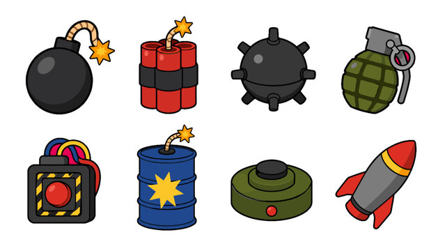Cartoon explosive and military device icon set collection