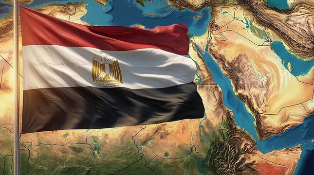 Egyptian flag over map of the Nile and desert &mdash; symbol of ancient civilization, pharaohs, and modern national pride