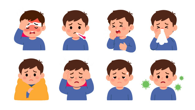 Cartoon boy with common cold and flu symptom set