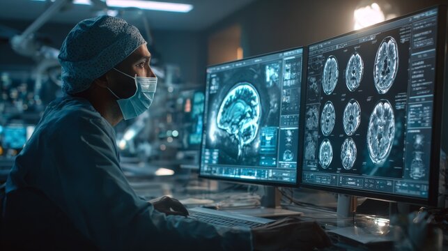 Medical professional analyzing brain scans on dual monitors in hospital