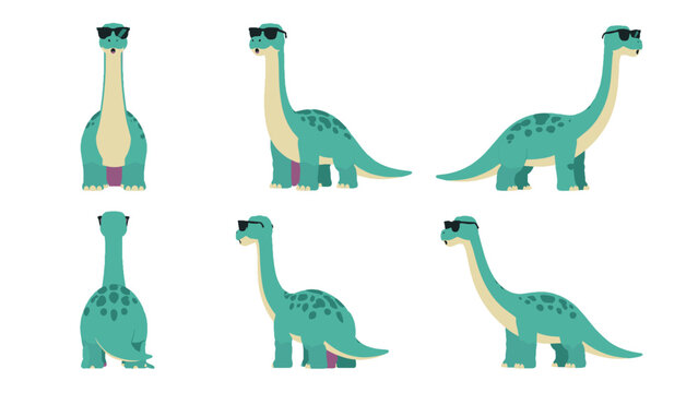 Cute long neck dinosaur character in sunglasses from multiple views