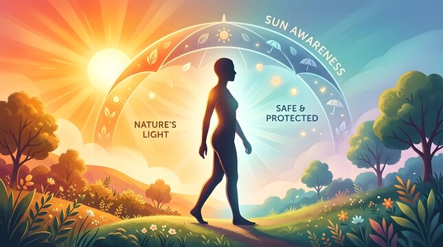 Sun Awareness Concept Illustration of Warm Sunlight Transitioning into Safe Filtered Light Over Human Silhouette, Symbol of Balance Between Nature, Protection, and Health in Soft Gradient Clean Minima