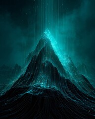 Fototapeta premium Glowing data mountain in dark teal digital landscape with abstract futuristic light and particle stream