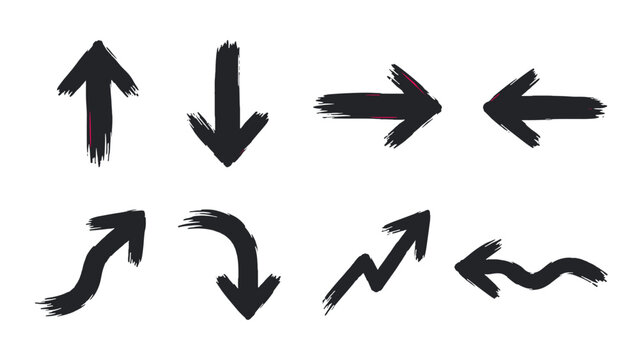 Set of black hand drawn brush arrows in different directions