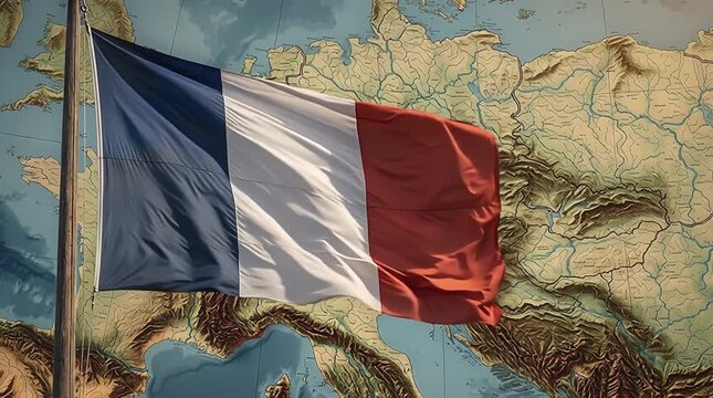 French flag over relief map of Europe &mdash; symbol of republic, geopolitical influence, and French cultural heritage
