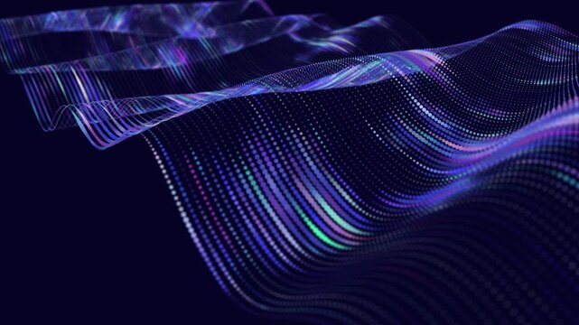 Abstract array dots in lines on surface from dots in dynamic wave animation. Wireframe of lines connecting point in cyberspace. Technology concept.