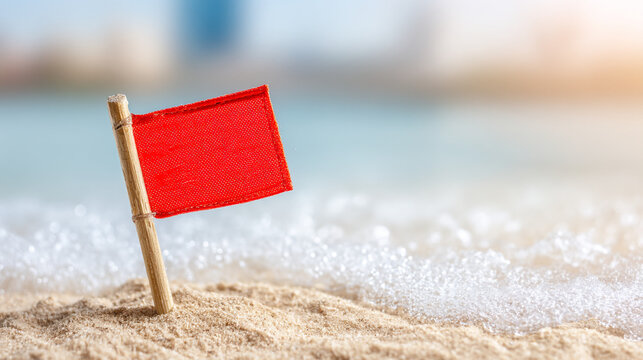 Red warning flag planted in beach sand symbolizing caution or danger at the seaside