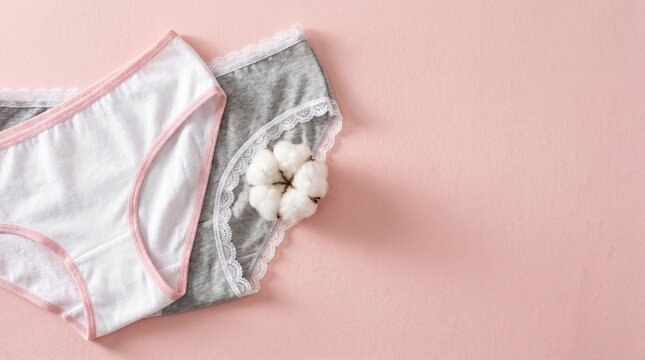 Women's underwear flat lay with cotton boll on pink background
