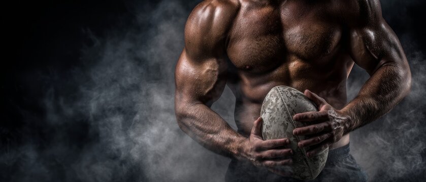 Muscular athlete holding rugby ball in dramatic smoky atmosphere