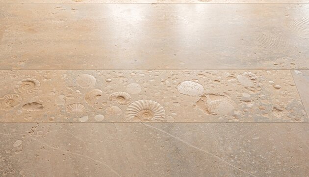 Natural Beige Limestone Floor Tiles with Embedded Ammonite and Shell Fossils