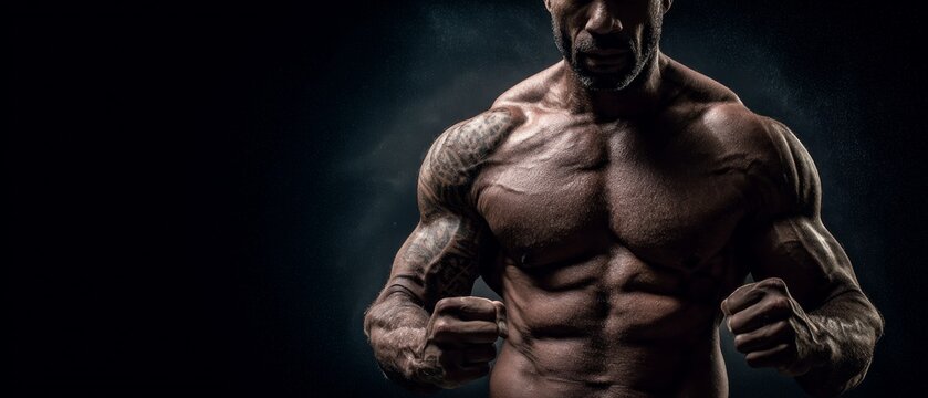 Muscular male bodybuilder posing against dark dramatic background