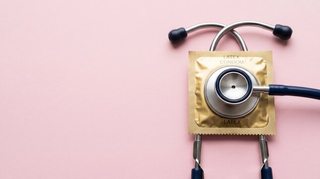 Stethoscope on condom package for health check