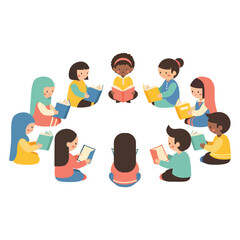 Fototapeta premium Diverse group of children sitting in a circle reading books, conveying a sense of community and learning in a bright, cheerful illustration against a clean white background