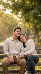 Fototapeta premium Romantic Young Asian Couple Holding Hands Sitting on Park Bench during Sunset