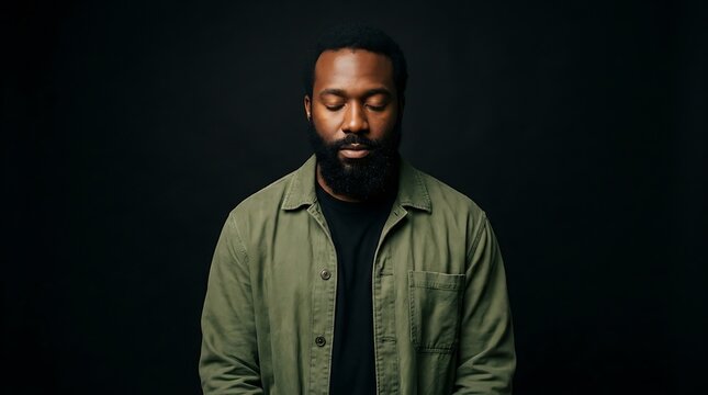 Man with eyes closed, wearing a green shirt, and black beard, against a black backdrop, conveying a sense of calm and introspection