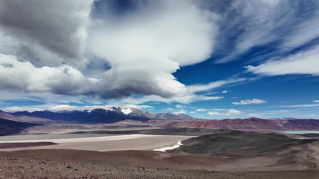Cinematic landscape pan of Balcon del Pissis and high altitude salt lagoons in Catamarca, Argentina.