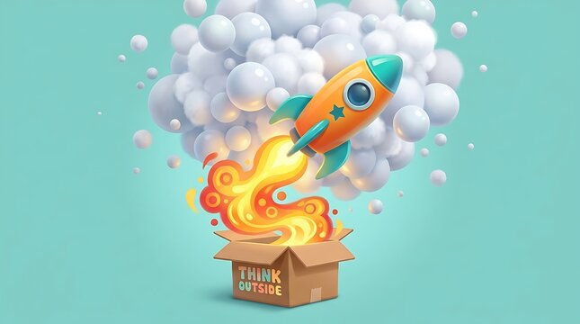 Rocket Ship Emerging from Cardboard Box with Flames