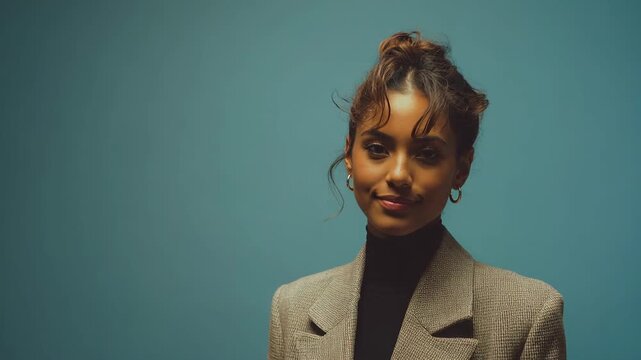 Portrait woman in studio with teal background, fashion jacket, black turtleneck, curly hair, hoop earring, elegant style, serious expression, profile side view, soft light, confident pose