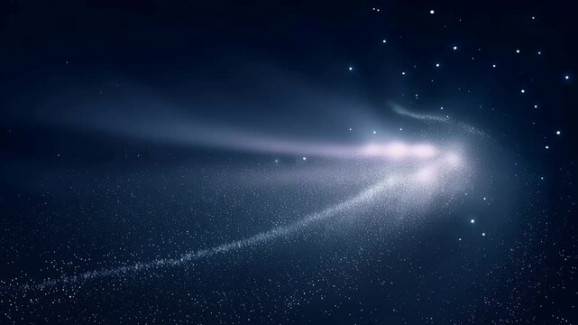 Cosmic comet tail over star field in deep space, glowing light trail across dark sky, spiral galaxy dust swirl, bright nebula and celestial motion background