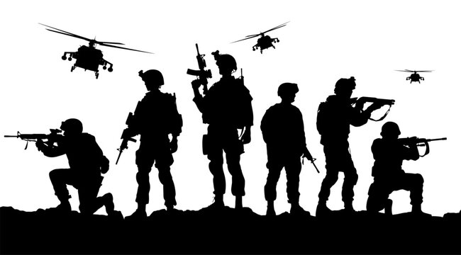 Silhouette background of a group of USA soldiers at war with gun rifle and helicopter. Veteran army, military officer, commando or warrior in attack. American independence or memorial day banner.