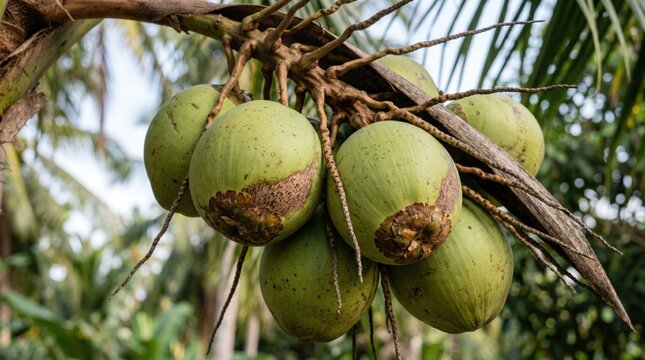 Cluster of young green coconuts hanging from palm tree branch