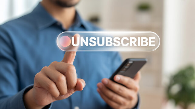 Person pressing unsubscribe button on smartphone in modern office with frustration