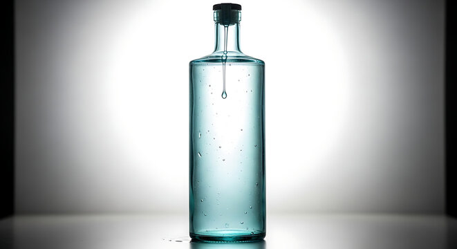 A tall, clear glass bottle with a white cap, filled with a transparent liquid